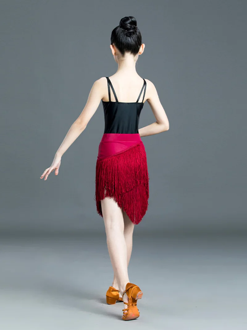 พู่ Fringe บอลรูม Pratice แยกชุดเต้นรำละตินสำหรับเด็กสาว Stage Performance Professional Sumba สีแดงสีดำ Leotard กระโปรง