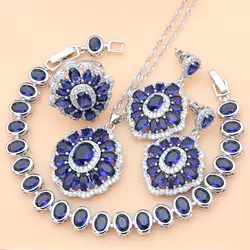 Hyperbole 925 Silver Jewelry Sets Blue sapphire White CZ Coustome For Women Earrings/Pendant/Rings/Bracelet/Necklace Set