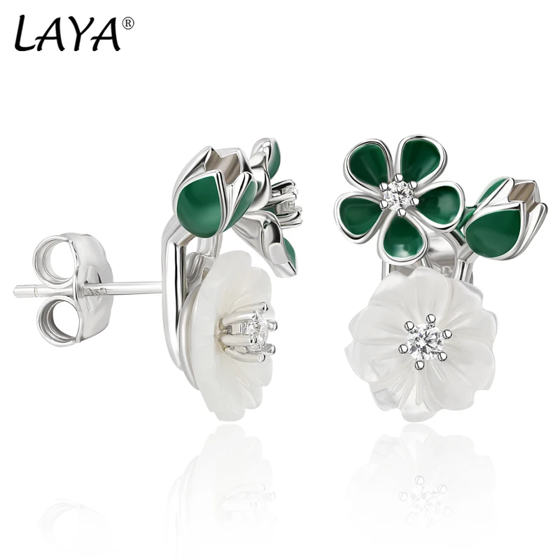 

Laya 925 Sterling Silver High Quality Zircon Natural Shell Flower Green Leaf Enamel Stue Earrings For Women Trendy Jewelry