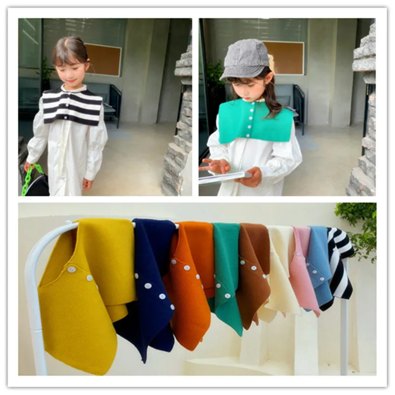 Autumn Korean Waistcoat Fake Collar Scarves Button Knitted Wool Children's Warm Shawl Woolen Girl Decoration Stripe Scarf  G03