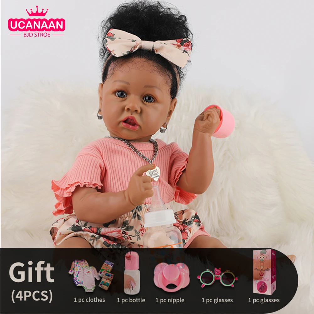 UCanaan Reborn Baby Doll 22'' 55CM Lifelike Baby Toddler Dolls Soft Cloth Body Black Skin Girls Doll Children Xmas Gift