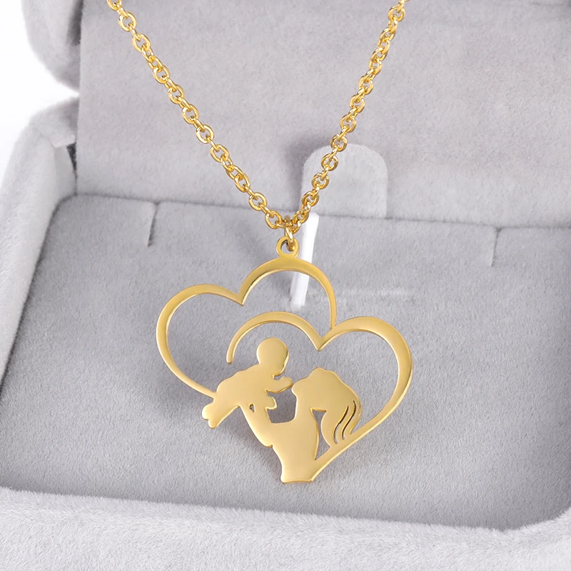 Mother Baby Heart Charm Pendant Necklaces For Wife Mom Stainless Steel Long Chain Choker Family Charm Fashion Jewelry Gift