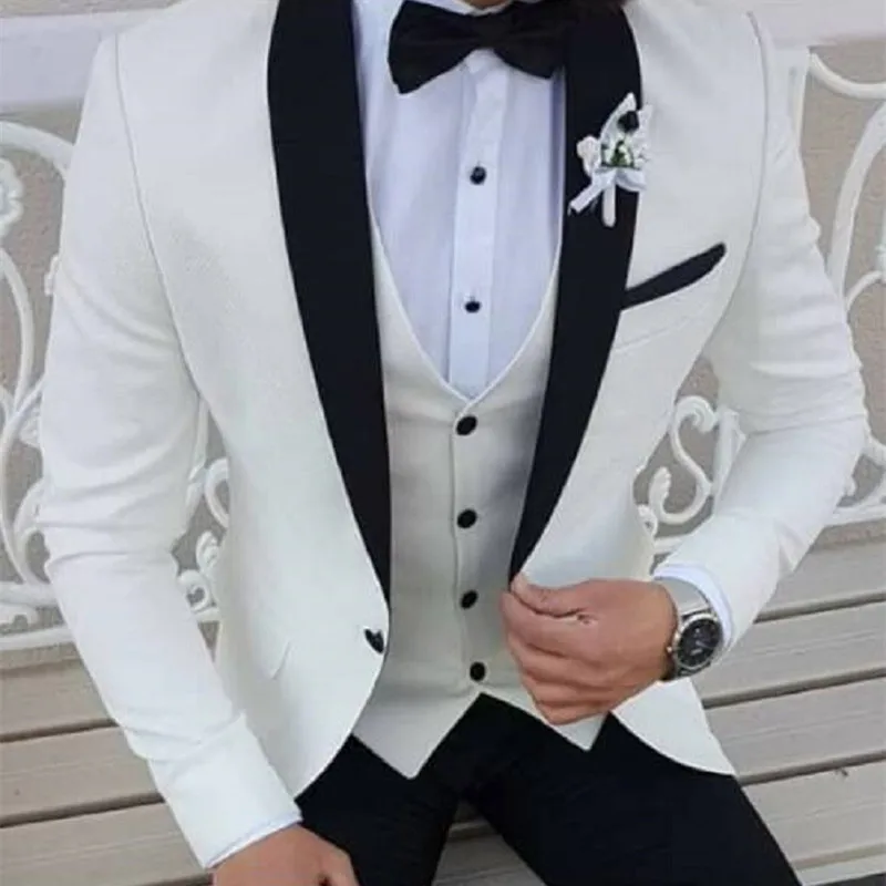 2023 Latest Designs White Men Suits Black Shawl Lapel Formal Tuxedos Wedding Blazer Sets Prom Party Two Pieces (Jacket+Pants)