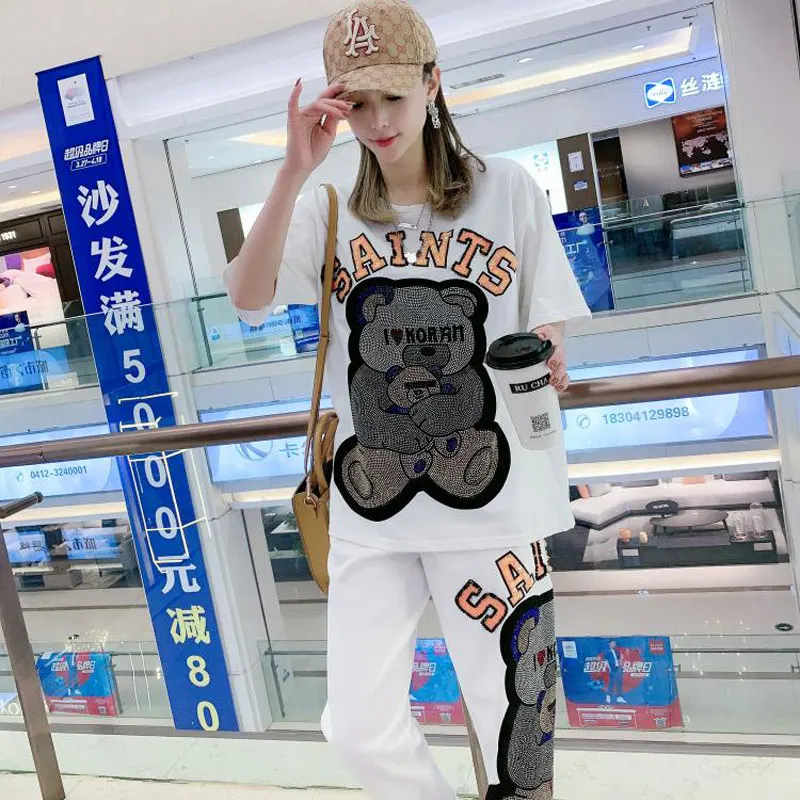 Spring White Diamond Cartoon Bear Short Sleeve Tracksuit Women Two Piece Sets,T Shirt and Harem Pants