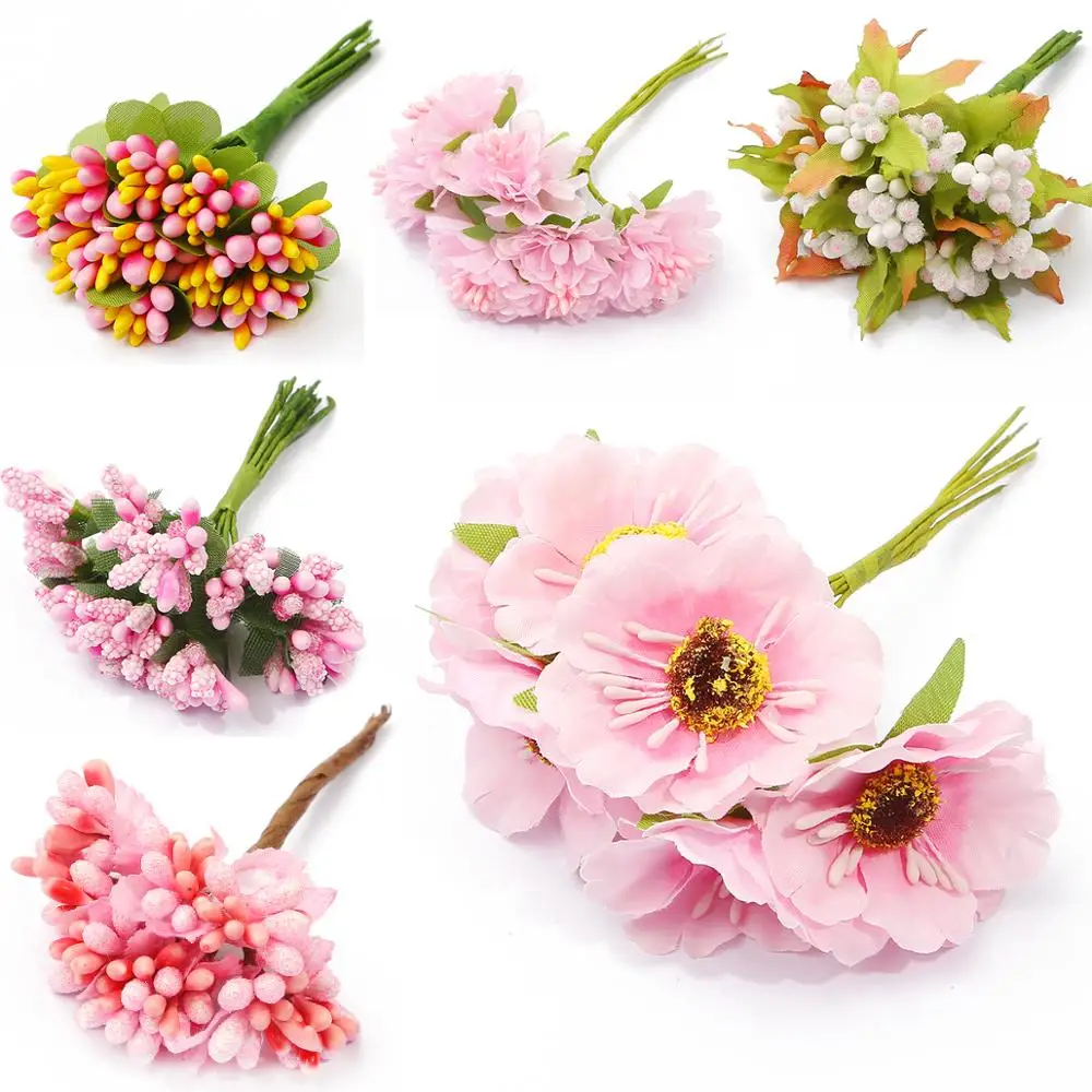 2020 Artificial Flower Bouquet Pink Cherry Branch Stamen Berries Bundle DIY Christmas Wedding Cake Gift Box Wreath Party Decor