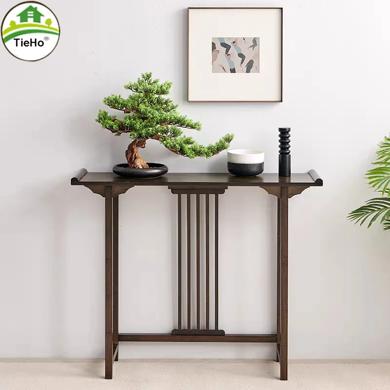 TieHo Bamboo Console Table for Living Room, Chinese Style Side Table, Porch Tables with Drawer, Modern Simple Rectangle Tables