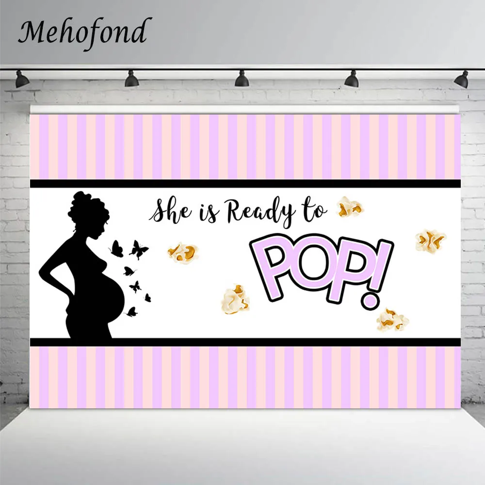 

Mehofond Backdrop Congratulations Maternity Ready to Pop Party Banner Pink Purple Stripes Photography Background Photocall Decor