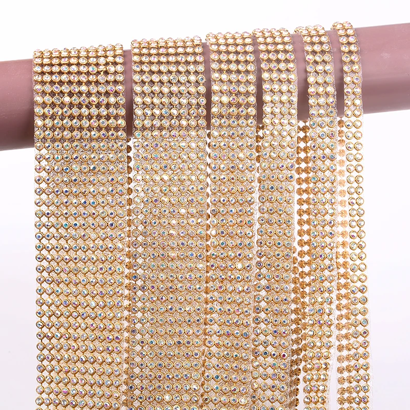 10rows Clear Crystal AB Rhinestone Trim Gold Crystal Hotfix Tape Glass Ribbon Rhinestone Decoration Iron on Garment Accessories