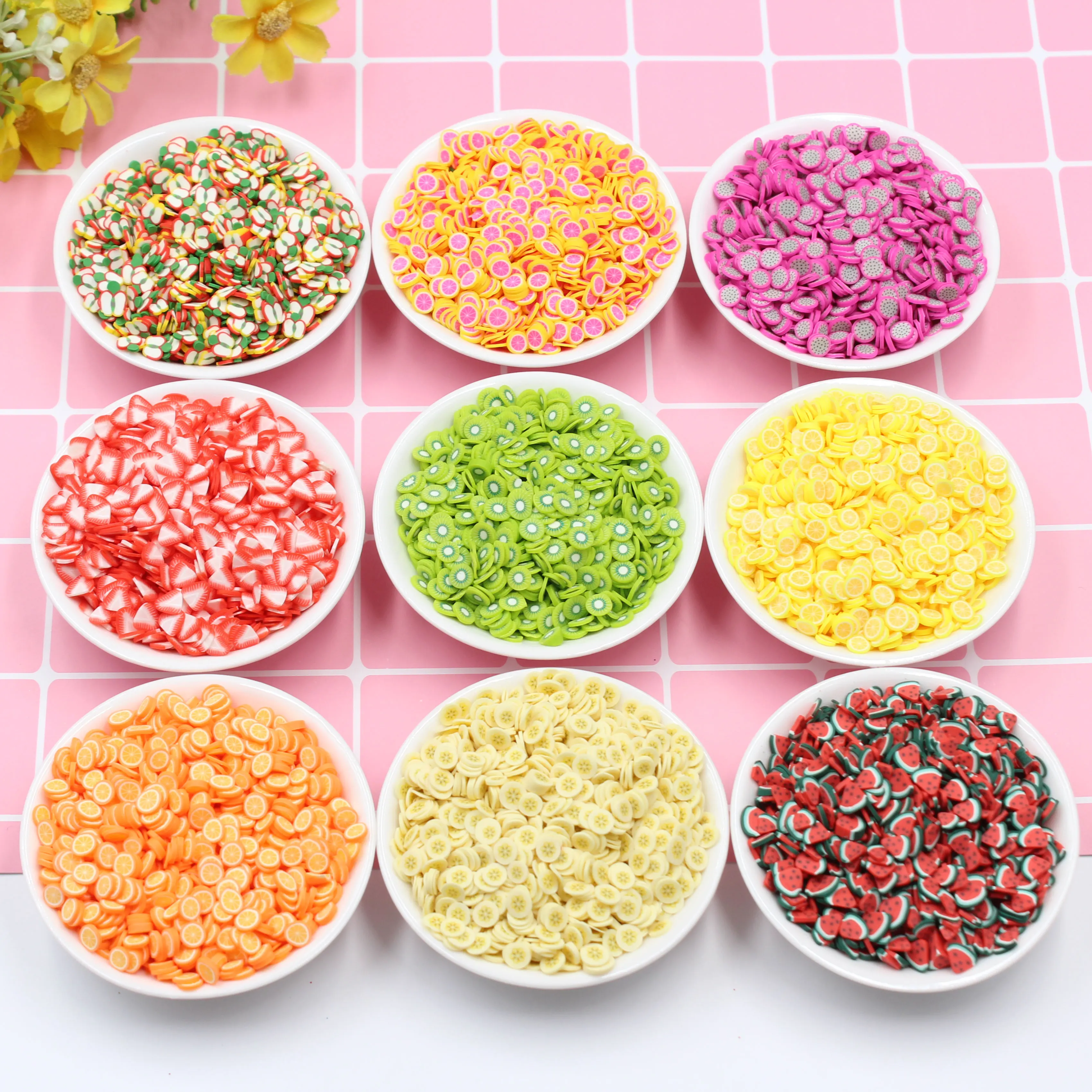 100g/Lot 5mm Fruits Polymer Soft Clay Apple Strawberry Orange Sprinkles for Delicious Cake Decoration , DIY Filler Accessories