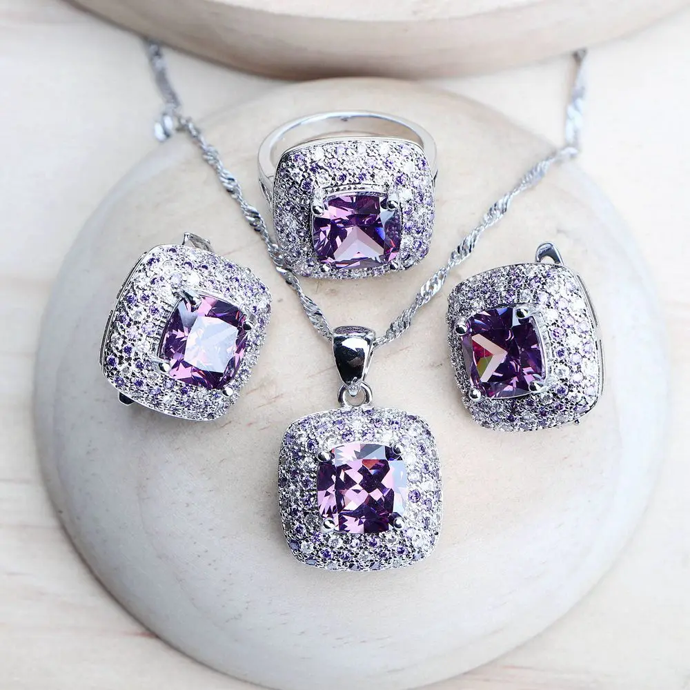 NONE Lila Zirkonia Damen Brautschmuck Sets Silber 925 Feiner Modeschmuck Hochzeit Ohrringe Ringe Armbänder Anhänger Halskette 3