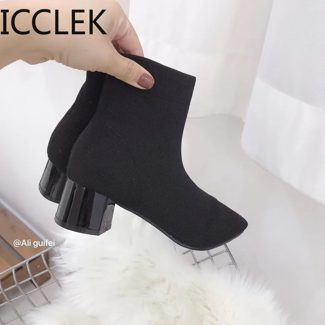 Women Knitting Elastic Ankle Boots Autumn Square Middle Heels Female Pointed Toe Short Sock Boot Ladies Casual Fashion Shoes A84