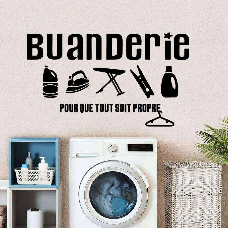 French Laundry Room Window Wall Sticker Wahsroom Buanderie Pour Que Tout Soit Propre Quote Wall Decal Laundry Vinyl Decor