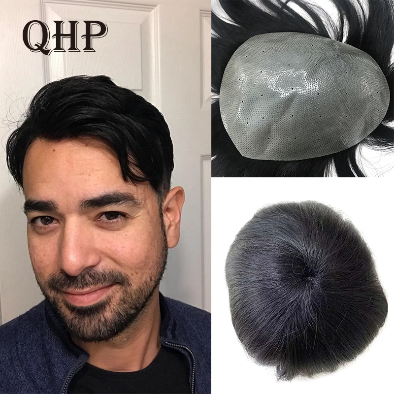 QHP Men Hair Toupee Thick Hair Capillary Prosthesis Pu Men's Wigs Breathable Male Wig 6Inch Tupee 100% Human Hair System For Man