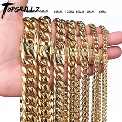 TOPGRILLZ Stainless Steel Gold Color Cuban Chain Faucet Button Hip Hop Fashion Jewelry For Gift 6MM/10MM/12MM/14MM/16MM/18MM