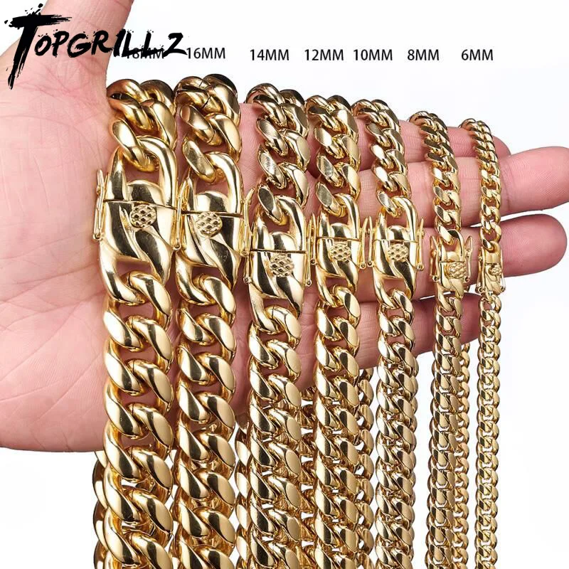 TOPGRILLZ stal nierdzewna złoty kolor kubański łańcuszek przycisk do kranu Hip Hop biżuteria na prezent 6 MM/10 MM/12 MM/14 MM/16 MM/18 MM