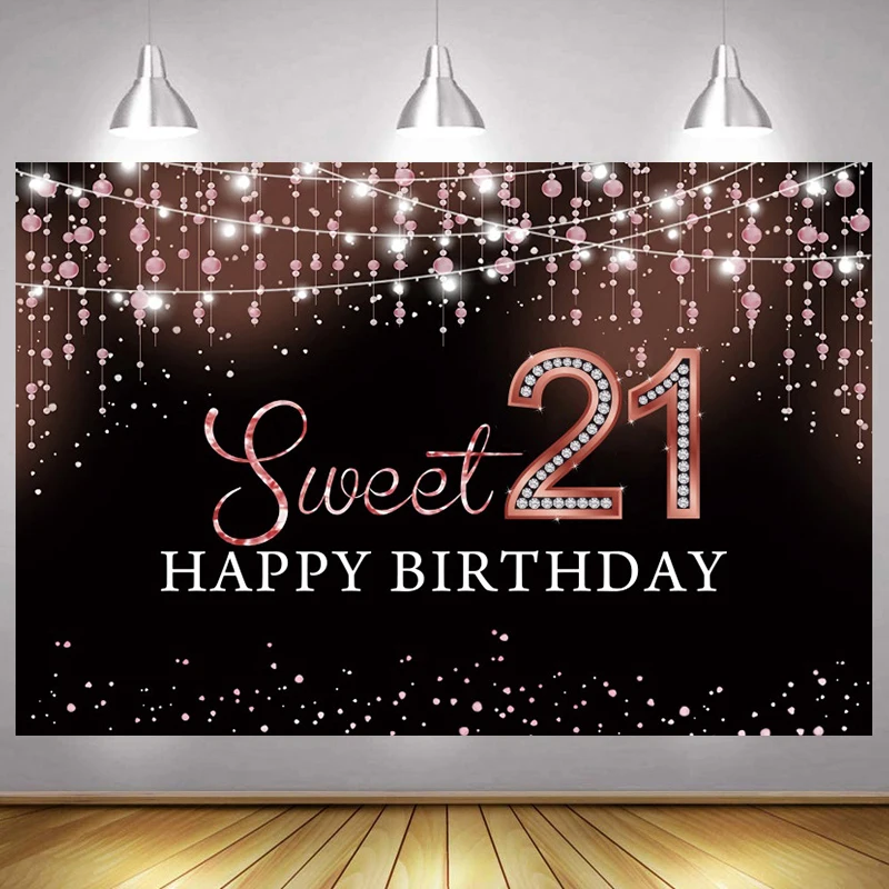 

Rose Gold 21st Backdrop Women Men Star Happy Birthday Party Sweet 21 Years Photography Background Adult Photographic Banner