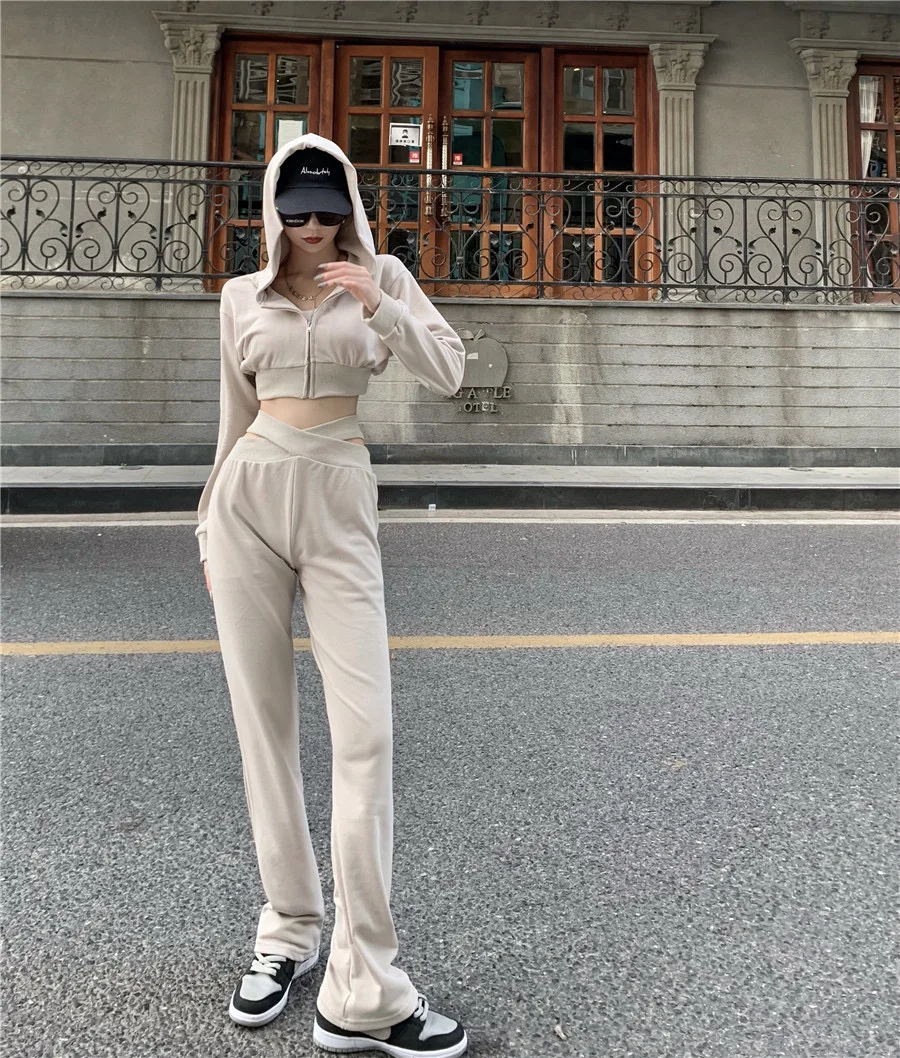 2023 Fashion New Casual Sets Women Long Sleeve Crop Zipper Hoodies + Side Waist Hollow Out Intersect High Waist Loose Long Pant