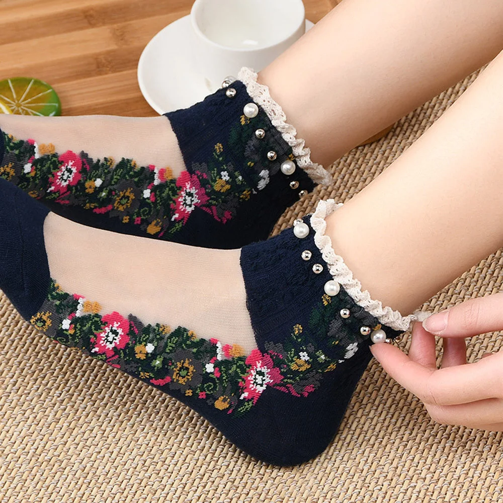 Embroidery Flowers Socks Transparent Lace Mesh Pearl Beads Glass Socks Net Yarn Thin Women Gauze Sock