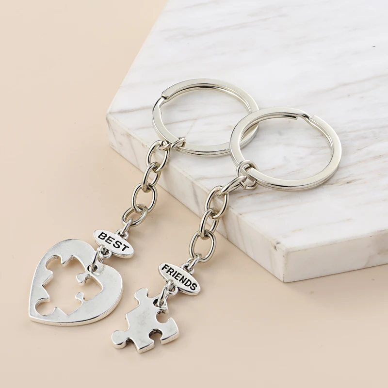 1set(2pcs) New Best Friends Keychain Jigsaw Puzzle Key Ring Heart Shaped Key Chain BFF Friendship Gifts DIY Handmade Jewelry