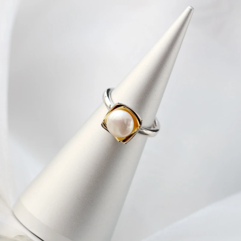 Authentic 925 Sterling Silver Fashion 8mm Natural Pearl Opening Adjustable Rings For Women Fine Jewelry Christmas Gift