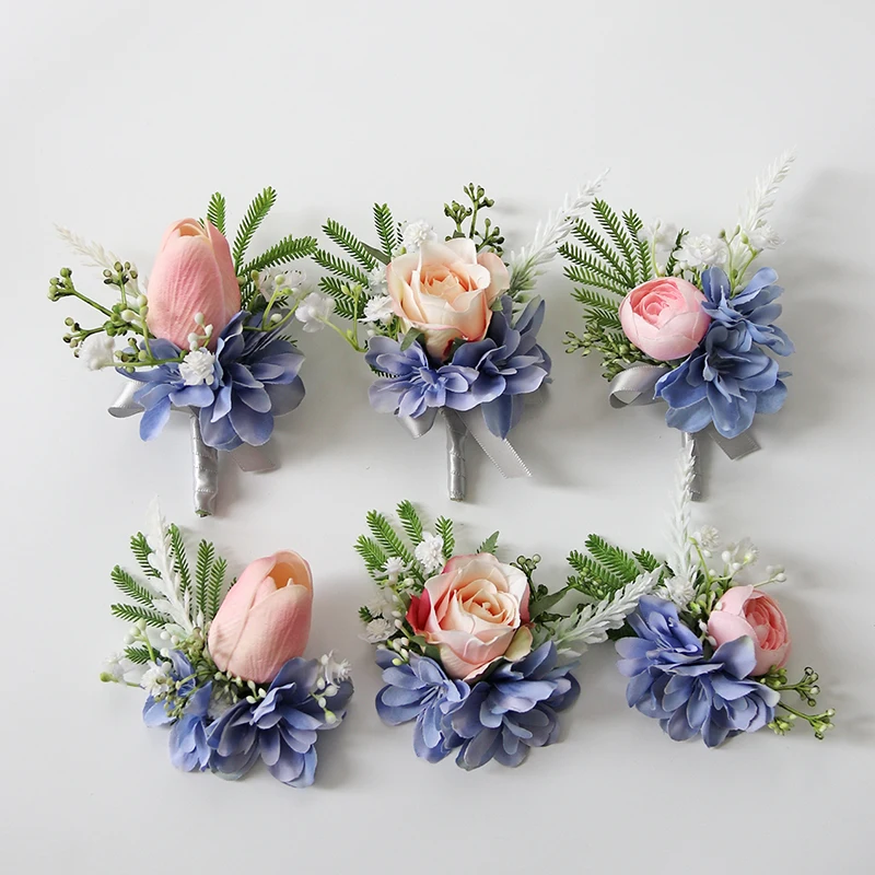 GT ผ้าไหม Corsages สีฟ้า Boutonnieres ของตกแต่งงานแต่งงานแต่งงาน Rose นาฬิกาข้อมือ Corsage Pin Boutonniere ดอกไม้สำหรับผู้เข้าพัก