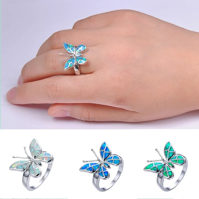 Cute Butterfly Animal Design Ring Imitation Blue Fire Opal Ring For Women Accessories Jewelry Bohemian Statement Girl Gift