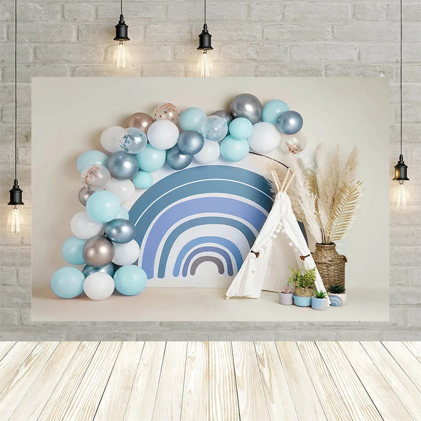 Avezano Blue Bohemian Backdrop For Photography Boy Birthday Party Cake Smash Rainbow Balloons Tent Reed Background Photo Studio