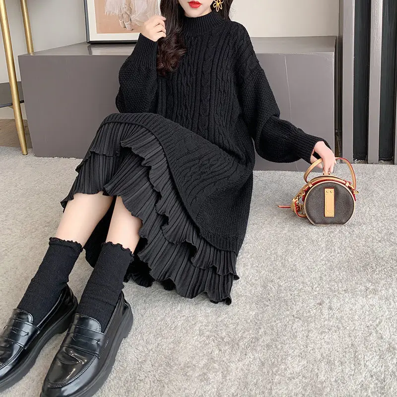 Autumn Winter Ladies Long Sleeve Sweater Ruffle Dress Mid-Length 2021 New Style Women\'s Knitted Base Dress Loose Jumper M771