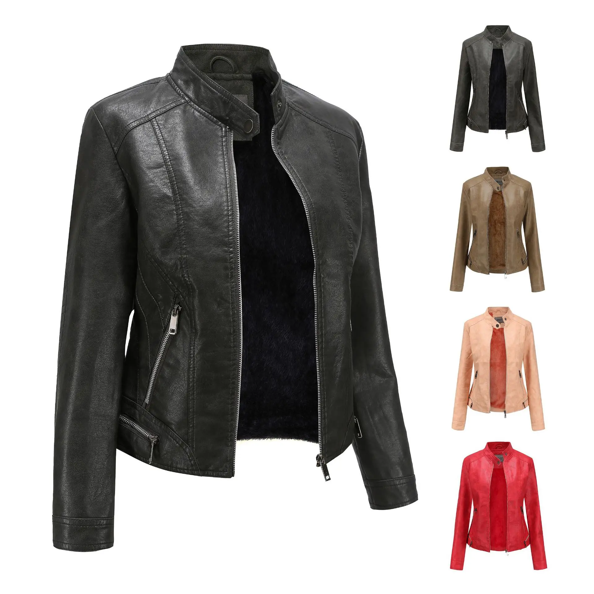 Women\'s PU Leather Jacket Autumn Winter Female Retro Warm Fleece Leatherette Zipper Motorcycle Coat