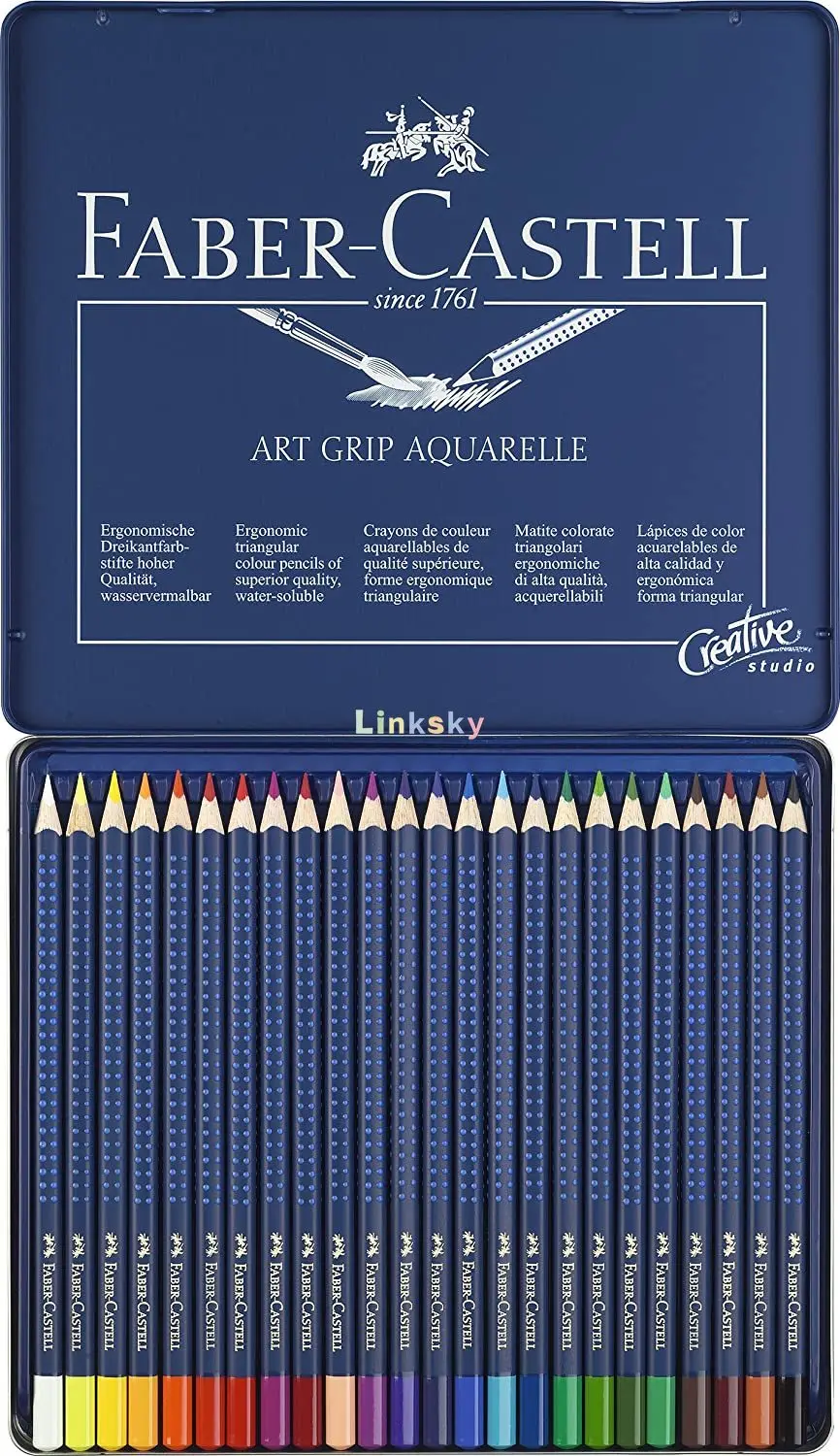 Faber Castell Art Grip Aquarelle Watercolor Pencil Set,Tin of 24 Pencils, Pencils Are Triangular Shaped, Fully Water Soluble