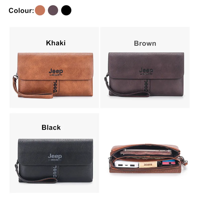 JEEP BULUO Mens Wallet Clutch Bag PU Leather Coin Purse Long Fashion Handbag Business Style Men\'s Card Bags Soft Key Bag