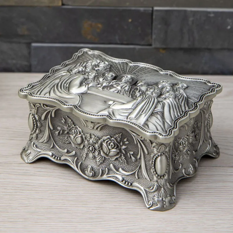 

Christian character pattern deco rMetal Jewelry Box Necklace Container Tin Case For Table Decoration