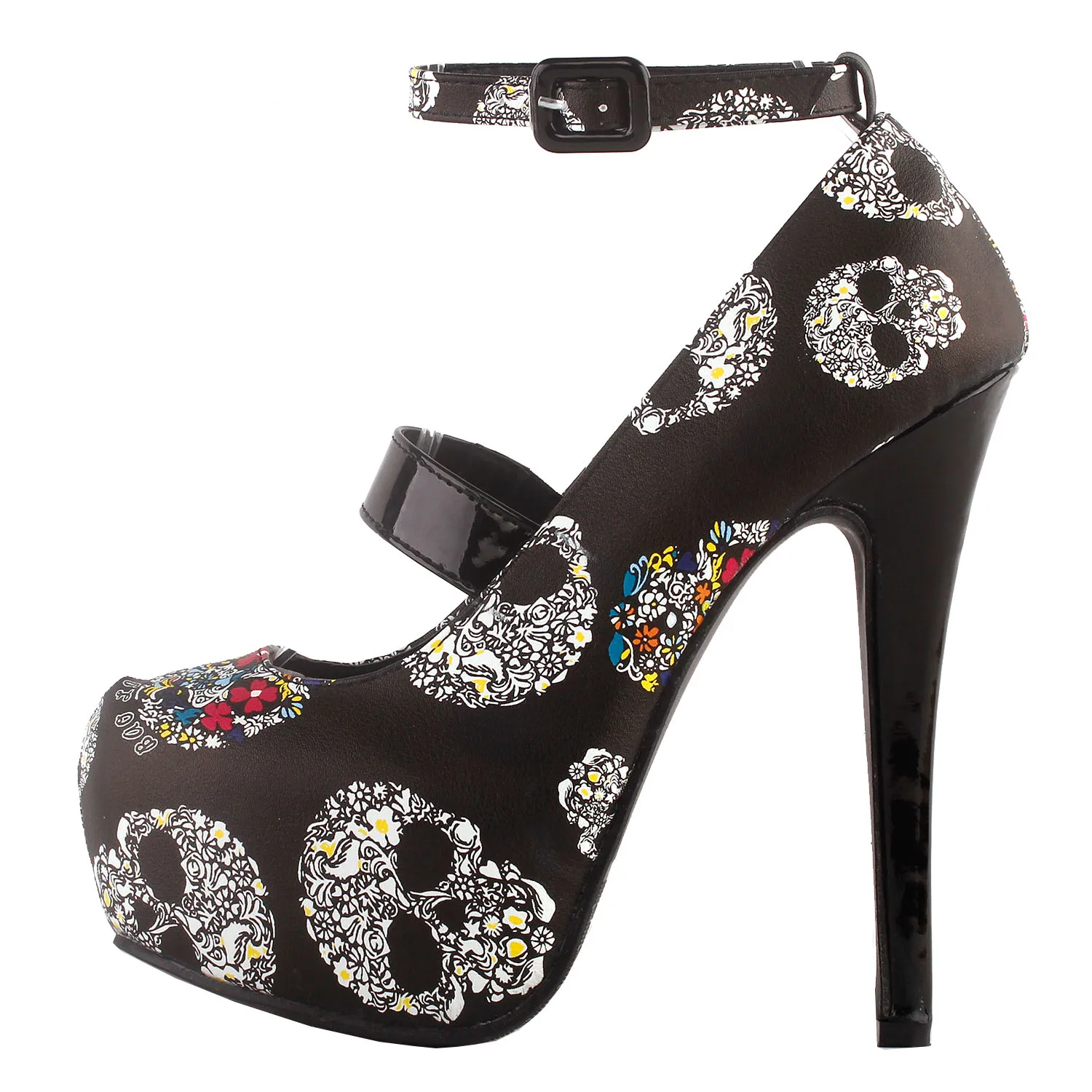 LF80873 Women Sexy Skull Print Ankle Strap Platform Stiletto Heel Dress Pumps