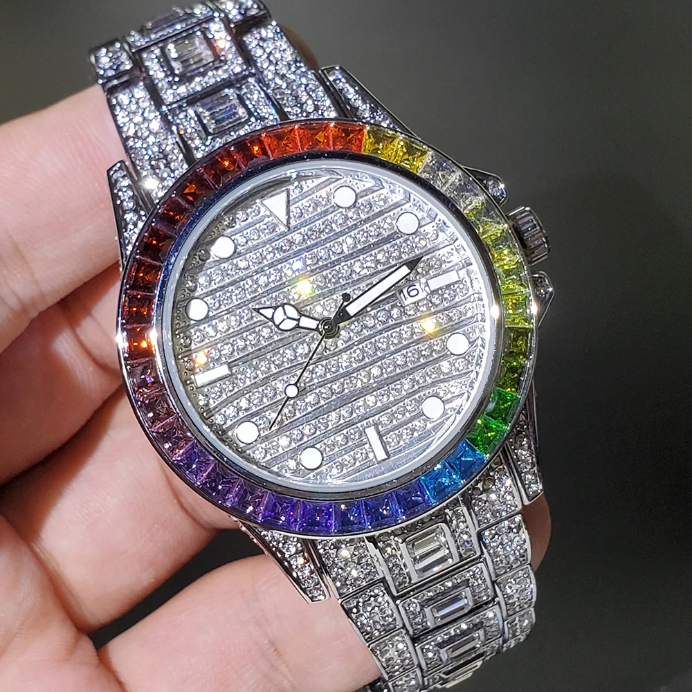 

Luxury Men Automatic Date Mens Watches Stainless Steel Luminous Male Watch Full Diamond Dial Wristwatch Rainbow Bezel Clock AAA+