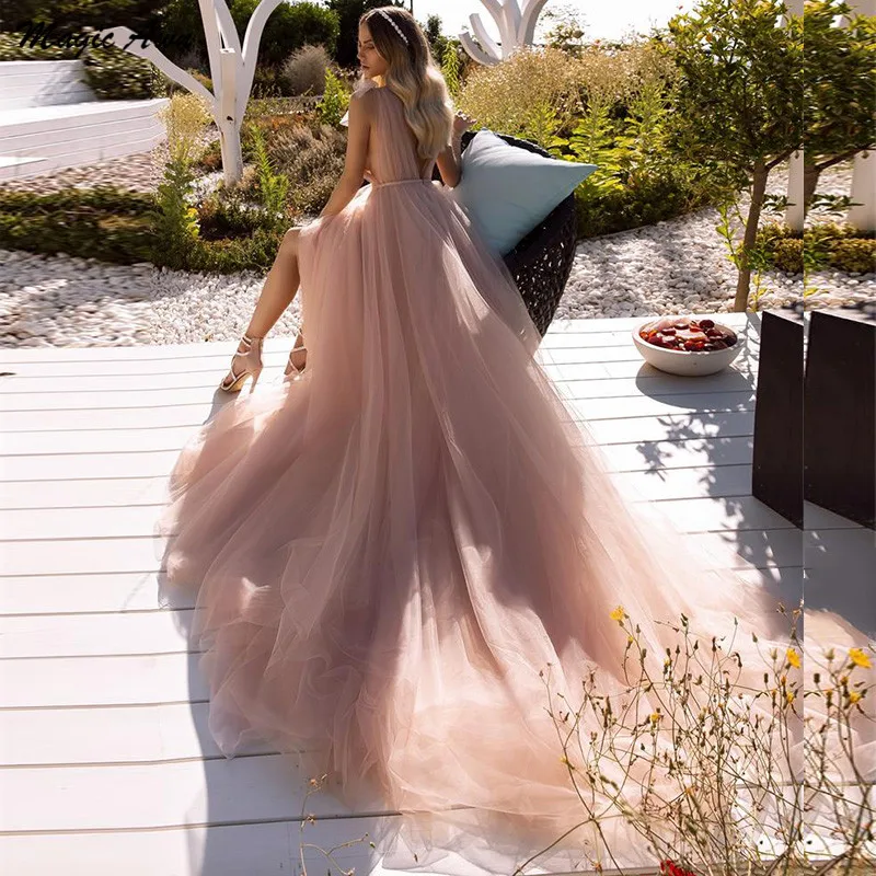 Magic Awn Sexy Blush abiti da sposa Boho scollo a v senza maniche spiaggia A-Line Tulle abiti da sposa Backless semplice abito economico Mariage