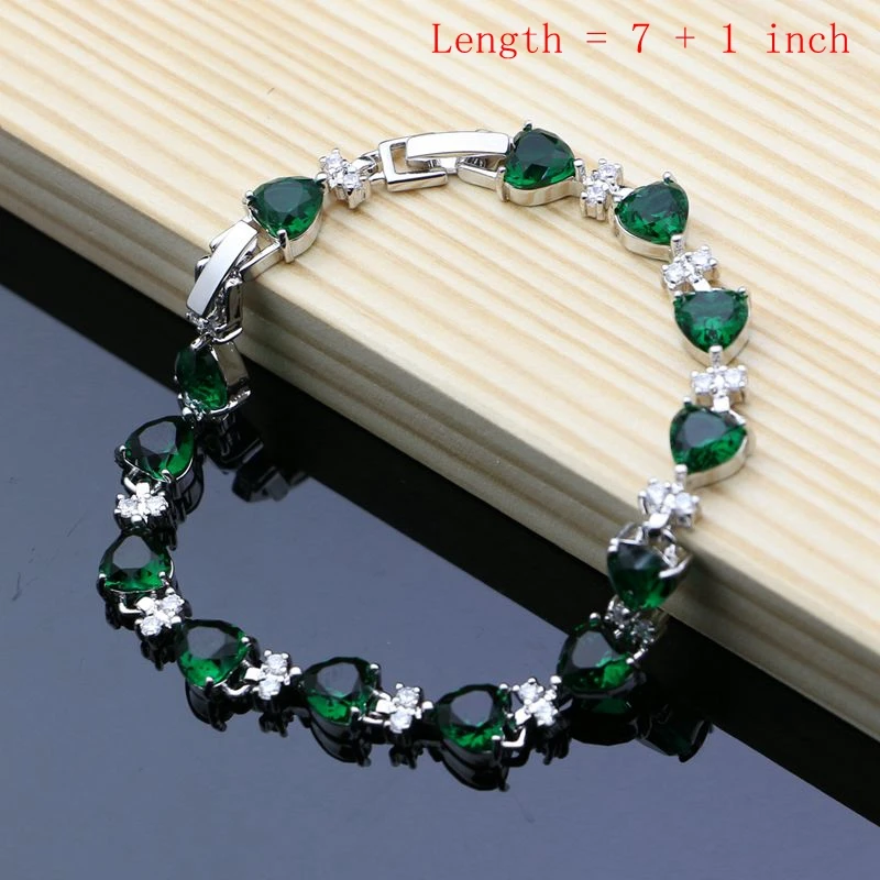 Fashion Women 925 Sterling Silver Jewelry Sets Heart Gem Emerald White Topaz Fine Bridal Jewelry Earrings Bracelet Necklace Sets