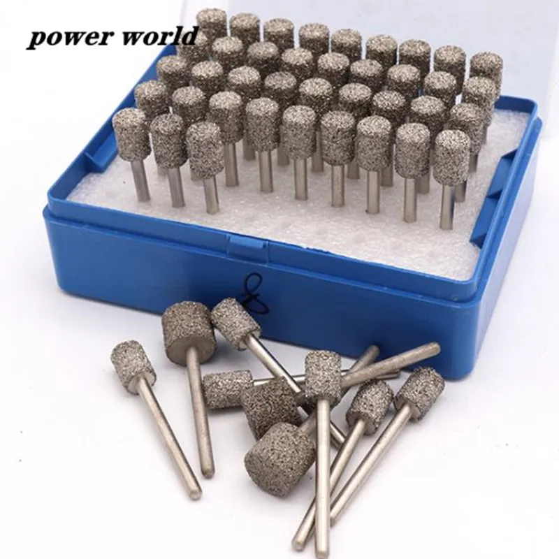 A Needle 3mm Shank Cylindrical Brazing Diamond Grinding Head Drill Bits for Stone Jade Metal Polishing Deburring Carving Set