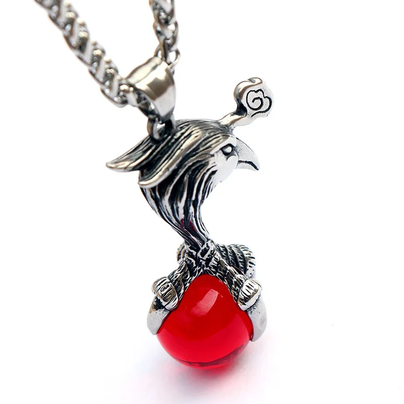 

AsJerlya 2021 New Arrival Phoenix Foot Bone Red Stone Stainless Steel Pendant Necklace For Women Man Long Necklace Punk Jewelry