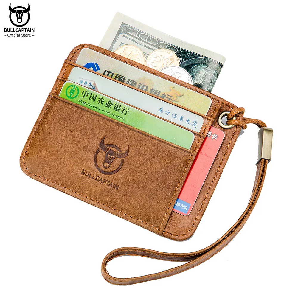 BULLCAPTAIN  Genuine Leather Business Credit Card Holder mini RFID Card protection Unisex ID Holders CARDS WALLET WITH WRIST