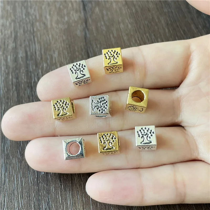 JunKang 8mm Cube Tree of Life Yoga Large Hole Spacer Beads DIY Bracelet Amulet Jewelry Connector Supplies Accessories