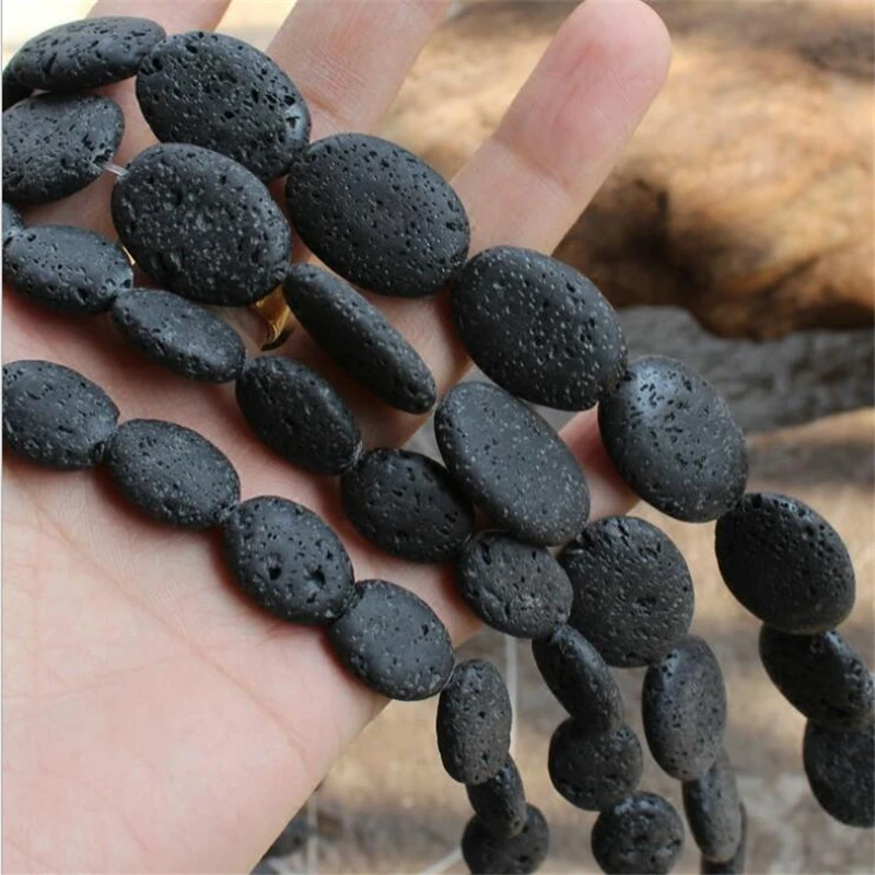 Natural Black Volcanic Sponge Lava Rock  Semi-precious stones Gems stone Jewelry Making 13x18mm Oval Beads 15