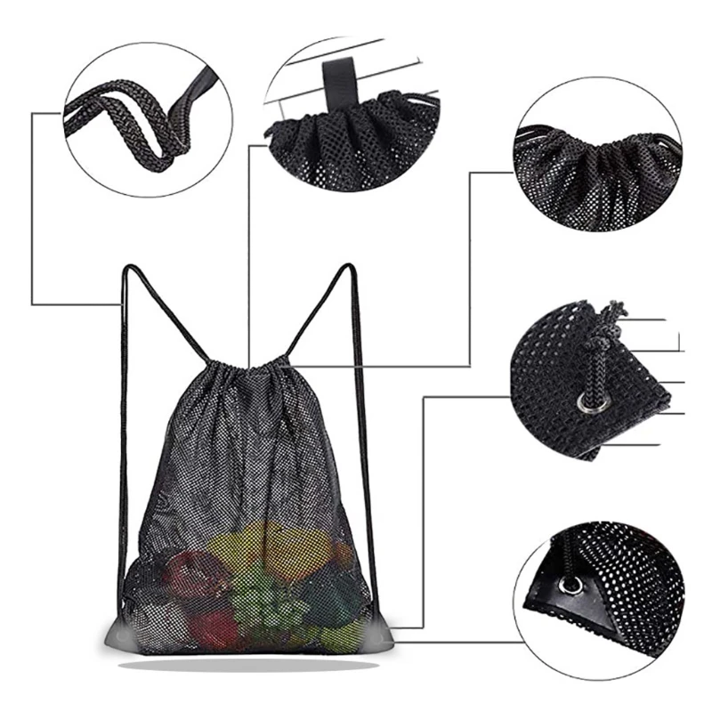 Heavy Duty Mesh Drawstring Bag, Sport Equipment Storage Bag for Beach, Swimming X7YA