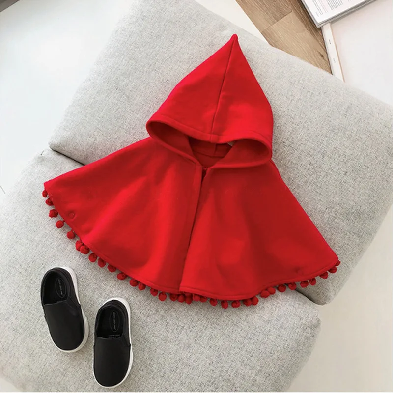 Red Hooded Children Poncho and Shawl Girls' Winter Coat with Pompom Lace Knitted Baby's Cape Magician Witch Cute Girls Cardigan