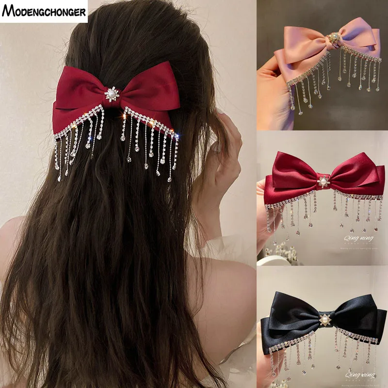 High Quality Fabric Velvet Bow Hairpin for Women Girls Crystal Rhinestone Chain Tassel Hair Bows Clip Hairgrip Hair Accessories