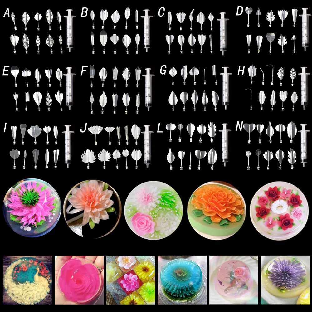 14 style 3D Gelatin Cake  Mold Jelly Art Pudding Flowers Stainless Steel Nozzle Syringe  Needle Kit Cake Decorating Tools