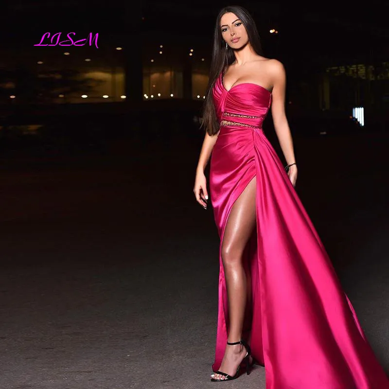 Cheap Evening Dresses One Shoulder Arabic Prom Dress Sexy High Split Formal Party Gowns Custom Made vestido de fiesta