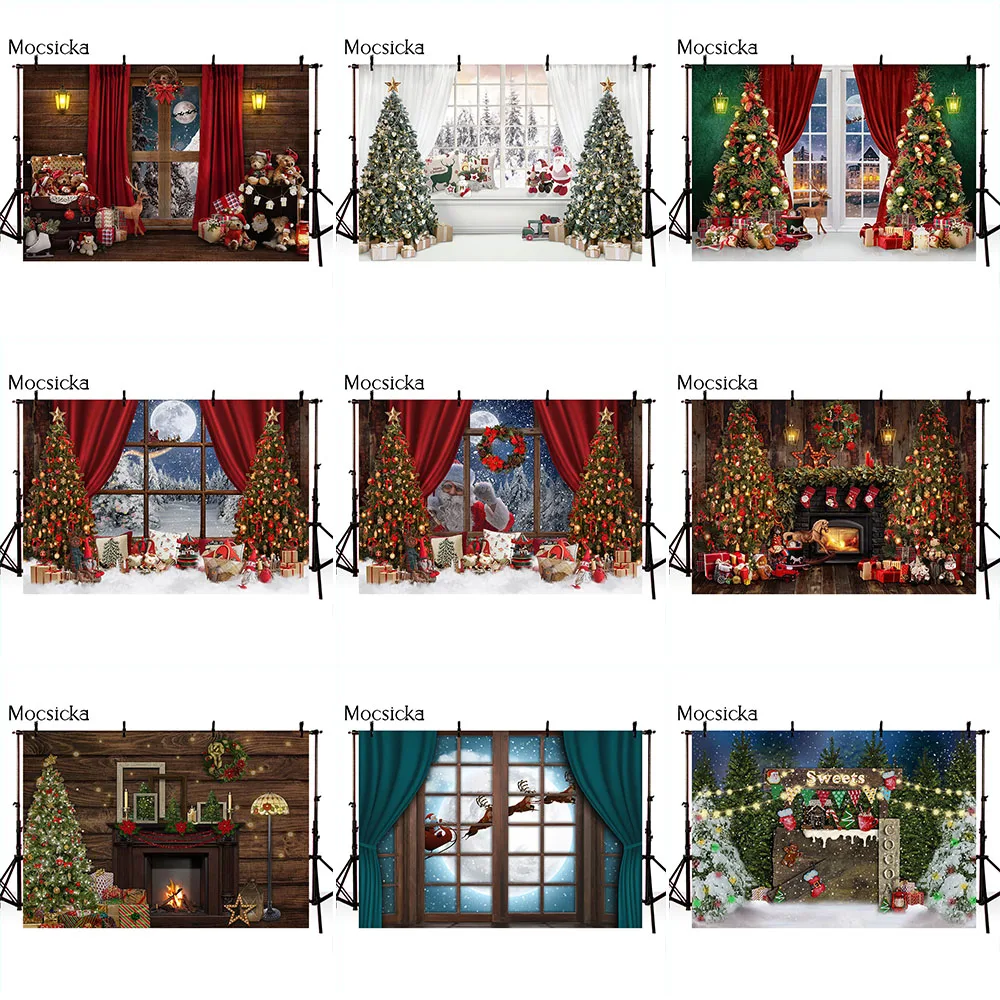 Santa Claus Christmas Tree Winter Snow Background for Photography Pine Forest Gingerbread House Windows Photo Background Props