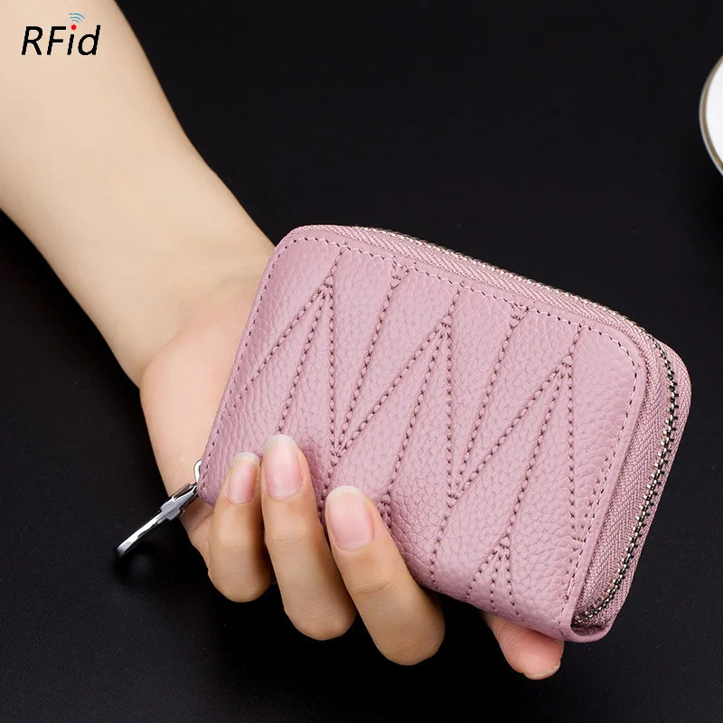 Small Genuine Real Leather Doka Women Rfid Zipper Coin Wallet And Purse Fashion Plastic Credit Bank ID Card Case Holder Female