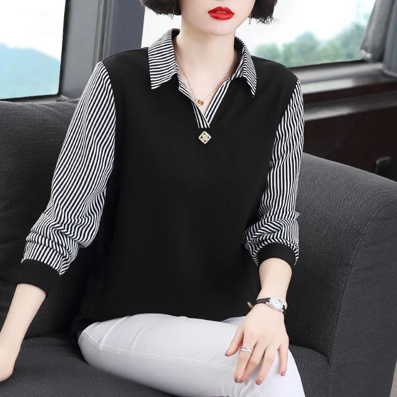 5XL Women Casual Stripe Long Sleeve Blouses Shirts Black Tops Spring Autumn Style Loose Polo-Neck Temperament BlusasDM0094