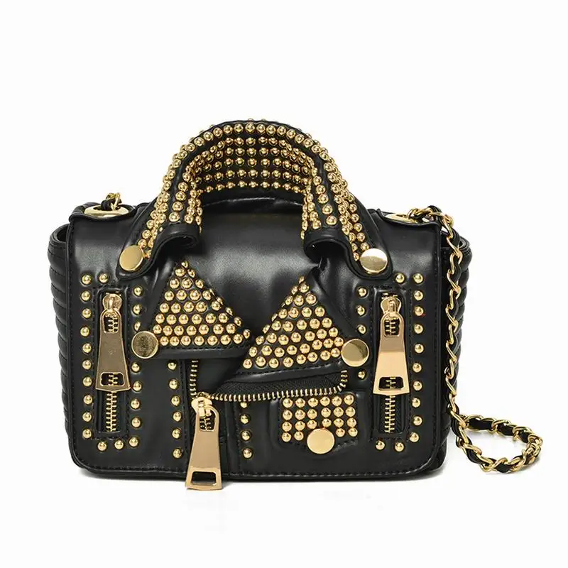 Ameiliyar Designers Women Leather Bags Handicraft Rivet Jacket Punk Style Messenger Bags Shoulder Crossbody Bag Gold Silver